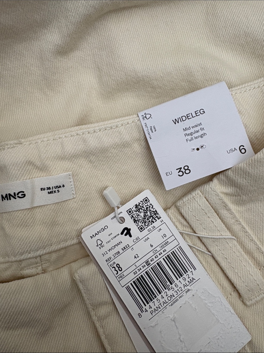 Mango Cream Wide Leg High-Rise Pants WIDE LEG MID-RISE JEANS 5822 - Picture 3 of 5